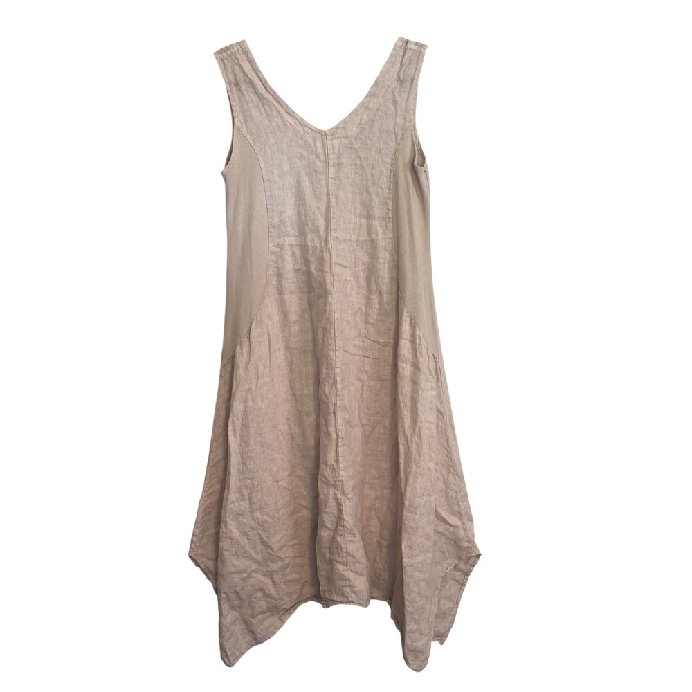 Made in Italy Linen Lagenlook Midi Dress Beige V-Neck Handkerchief Hem S/M - Picture 2 of 8